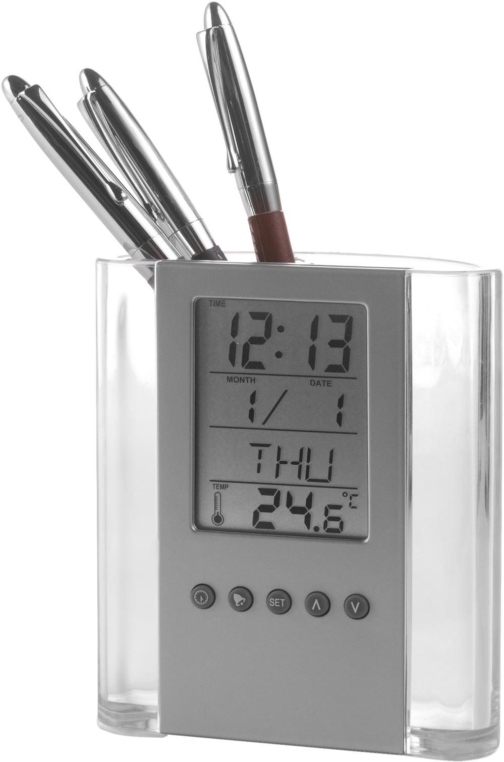 Desk clock Carter – Pen holder, black/silver