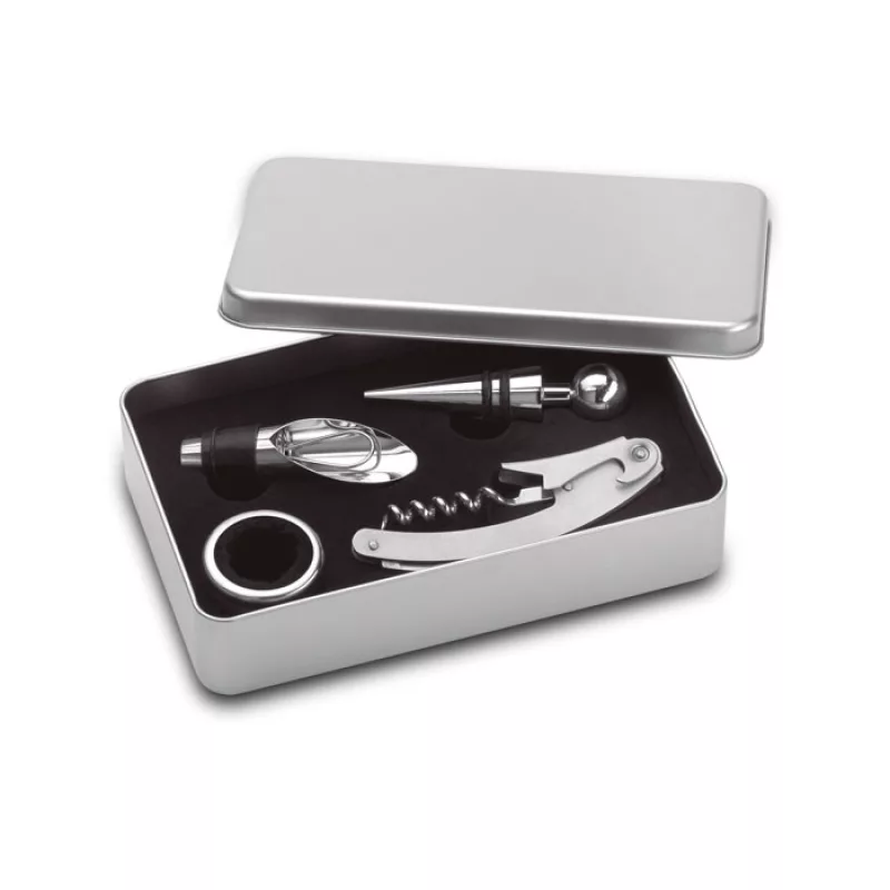 Wine set in tin box, Matt Silver